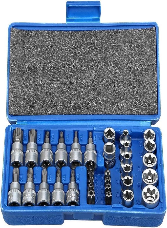 HELLARO Drive Male Female Torx Star Bit Socket E-Socket Set Handheld Tool - 34 Pcs, Star Socket Set For Hand Use Work On Cars, Trucks, Machinery, and Other Jobs With Storage Case, Blue - Image 1